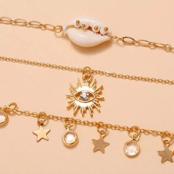 Sexy GOLD CHARMS 3 PIECE ANKLET SET Shell Chain Ankle Bracelet Jewelry  Boho - Picture 2 of 3